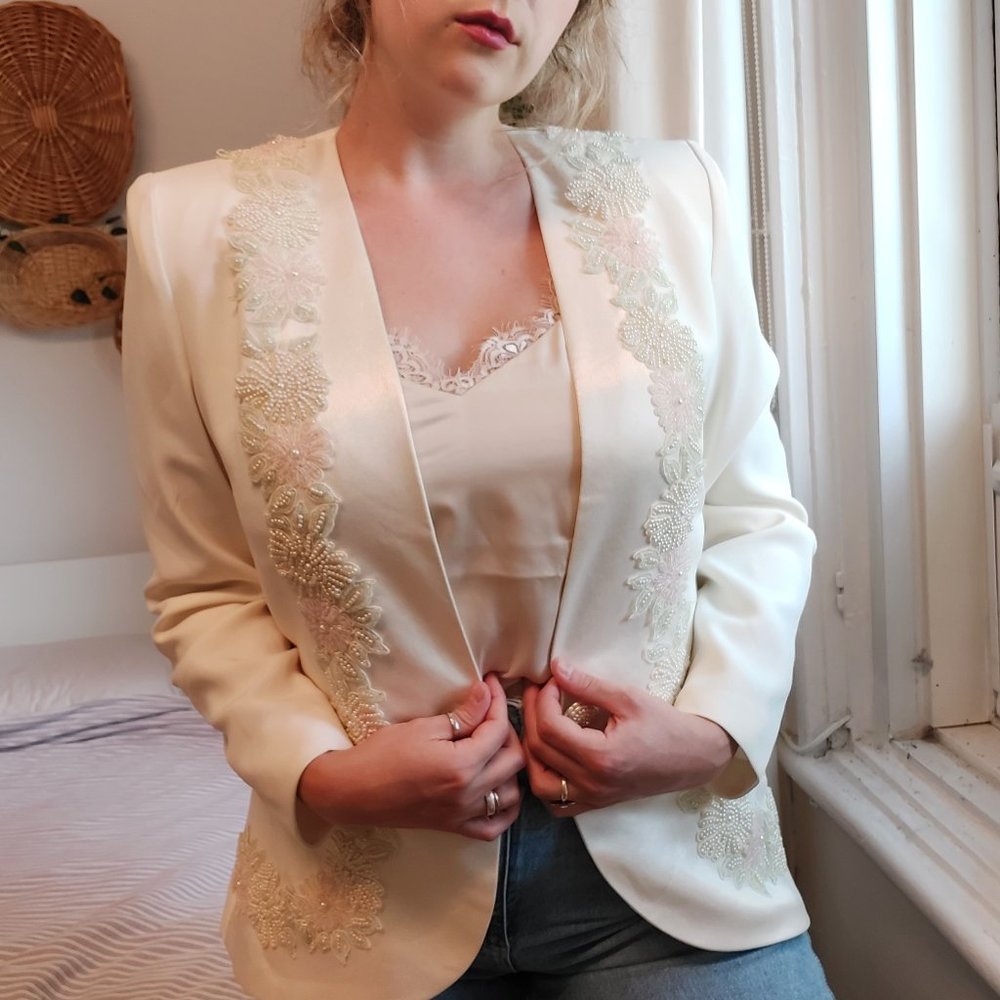 Cream silk and pearls detailing jacket